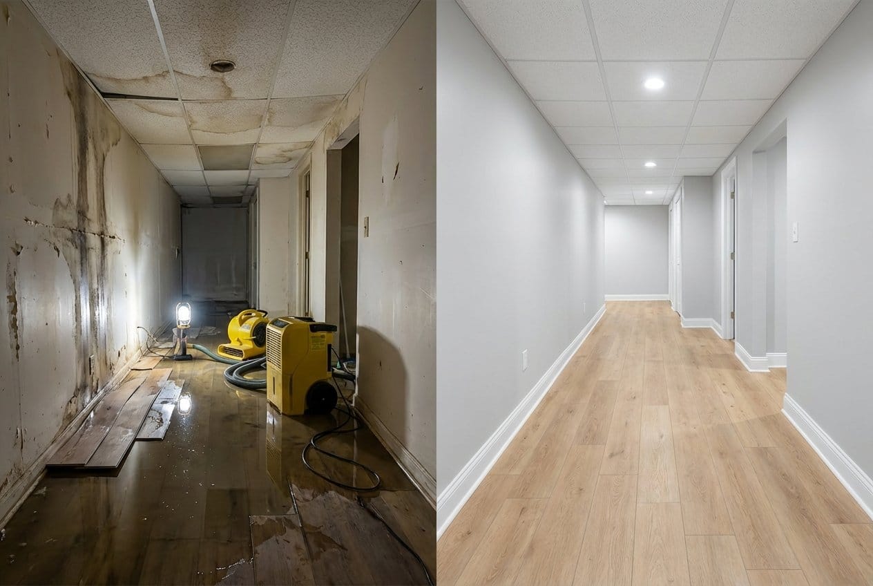 Water Damage Restoration before and after in residential basement, Alpine NJ