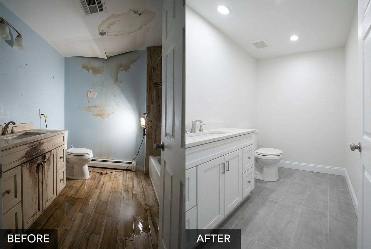 Before and after water damage restoration in Alpine split-level home bathroom