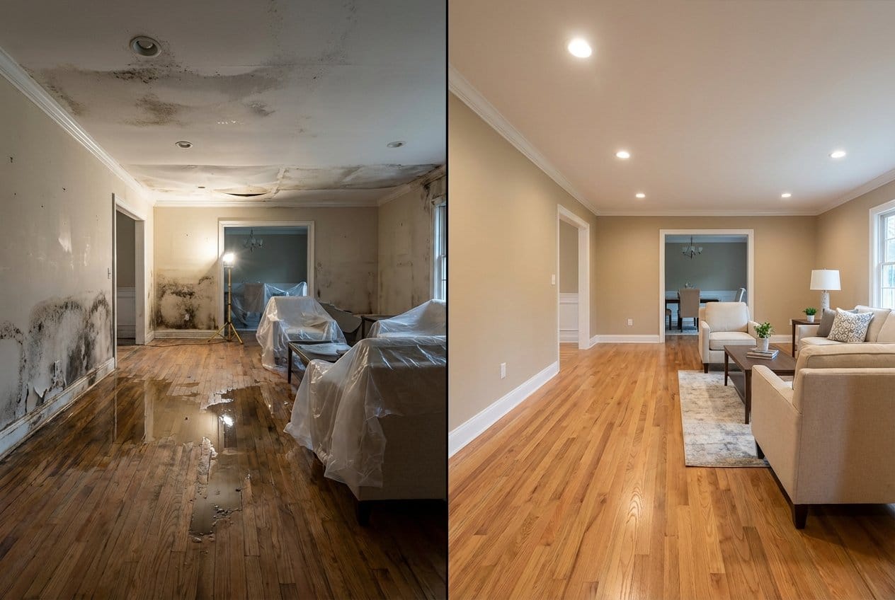 Emergency Water Removal before and after in living room, Alpine NJ
