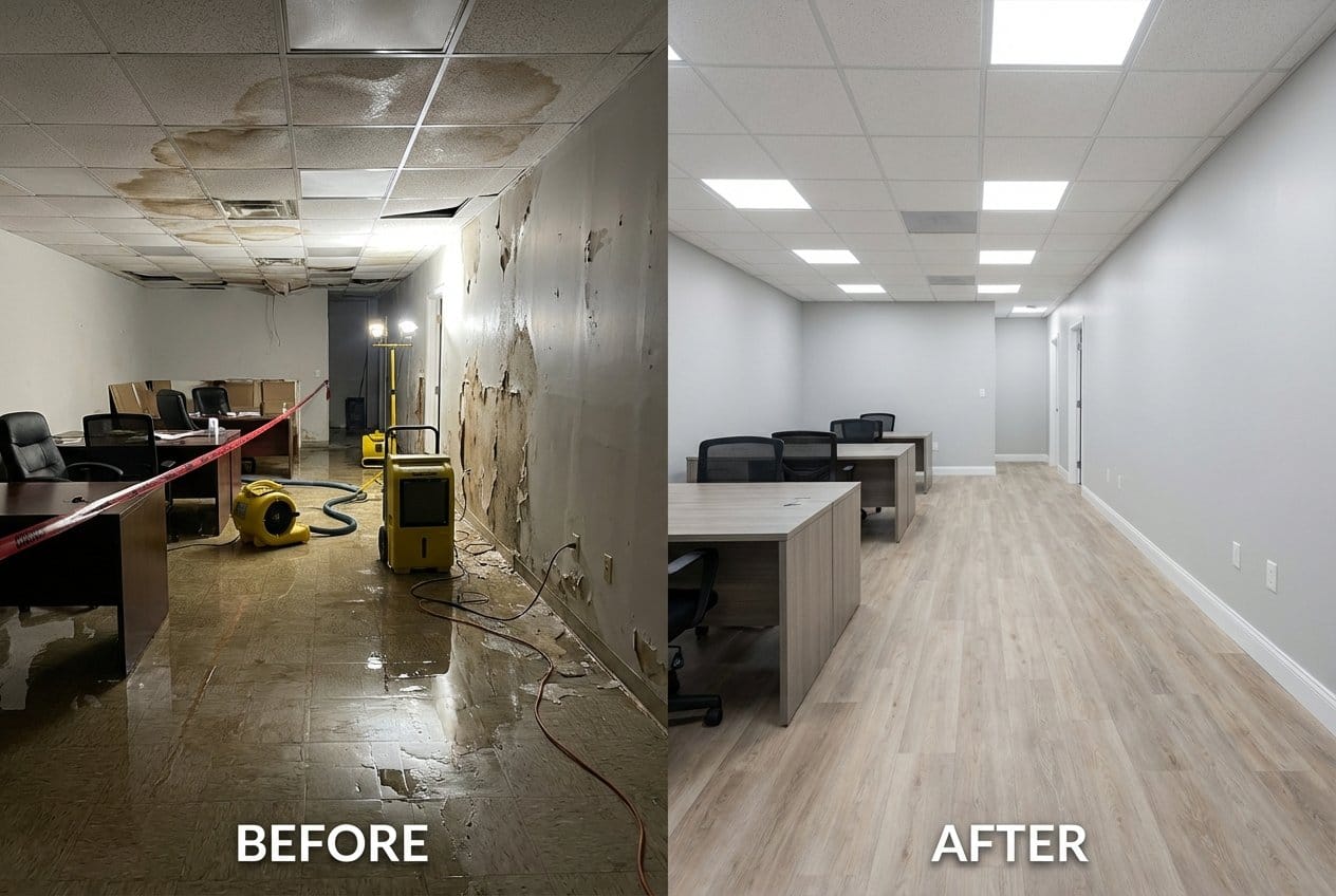 Emergency Water Removal restoration — commercial office space of Tudor home in Alpine, NJ