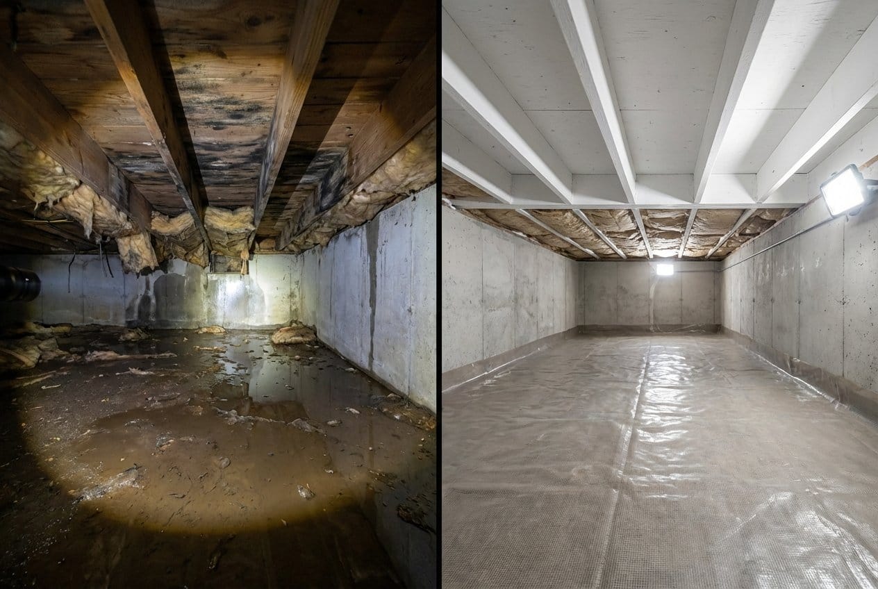Basement Flood Cleanup restoration — crawl space of multi-family property in Alpine, NJ