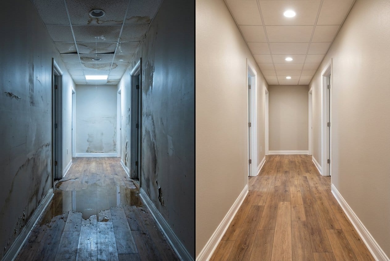 Burst Pipe & Plumbing Leak Damage before and after in hallway, Alpine NJ