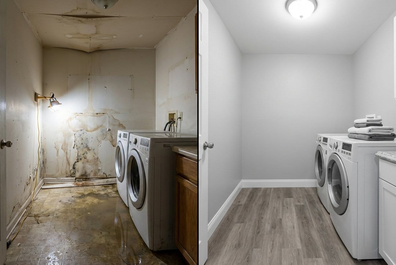 Burst Pipe & Plumbing Leak Damage restoration — laundry room of contemporary home in Alpine, NJ