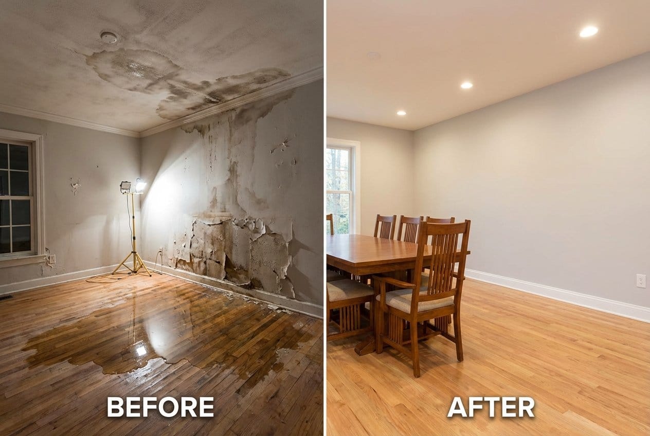 Before and after burst pipe & plumbing leak damage in Alpine bungalow dining room