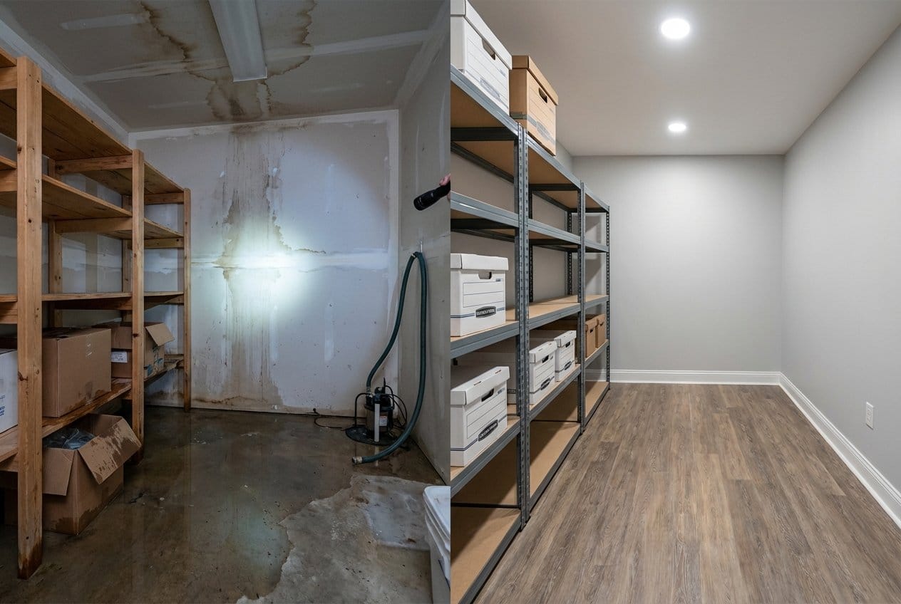 Storm & Roof Leak Water Damage restoration — utility room of split-level home in Alpine, NJ