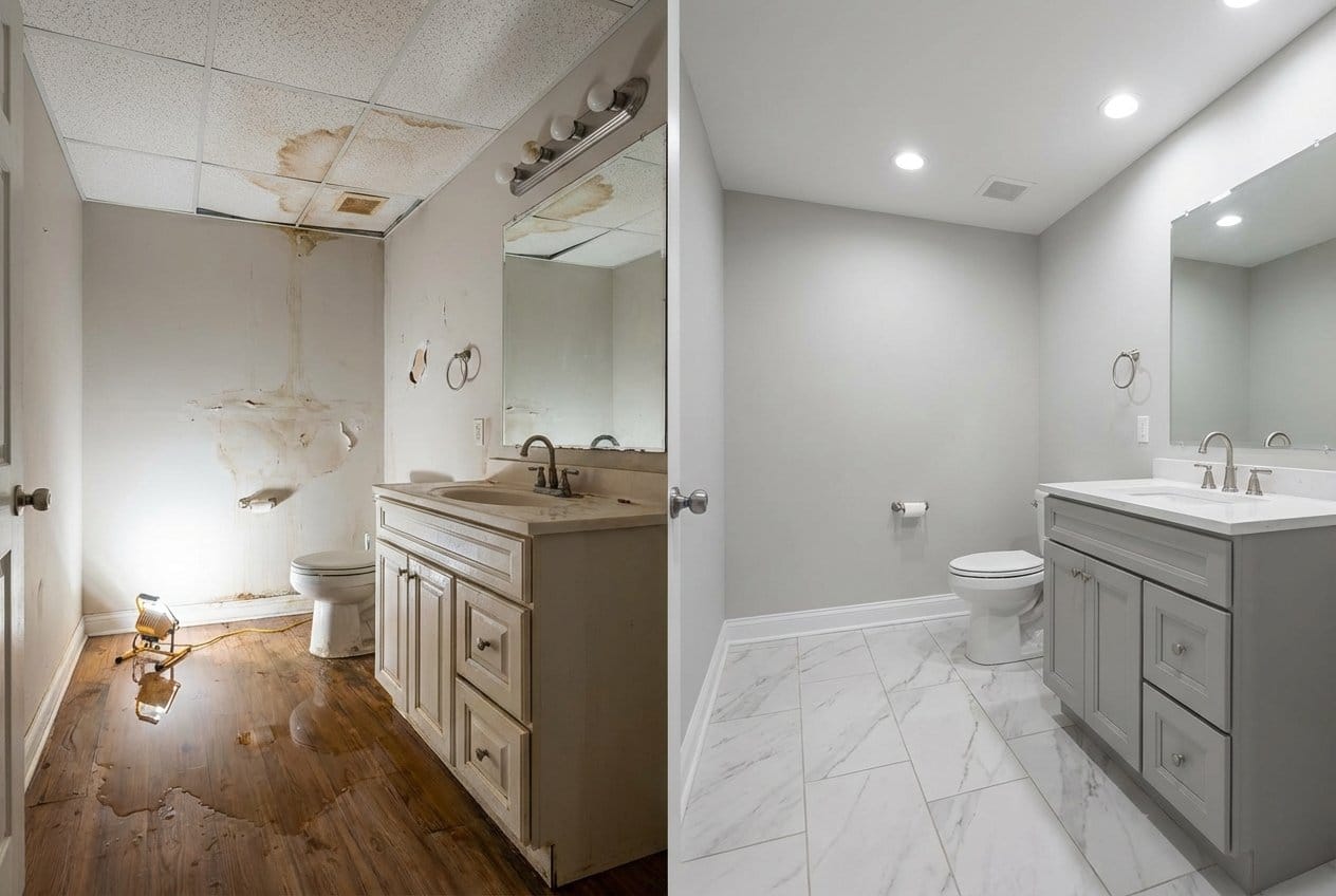Before and after sewage backup cleanup in Alpine private residence bathroom