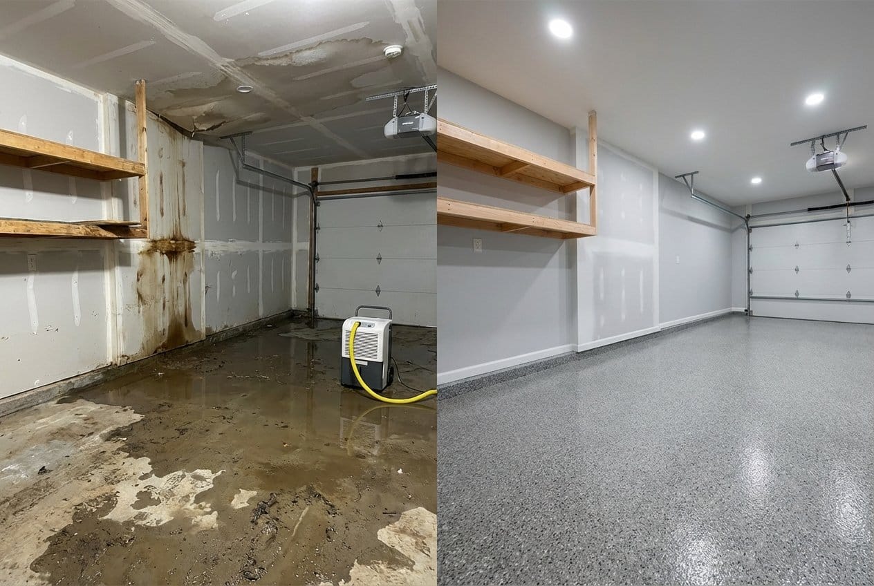 Carpet & Flooring Water Damage Cleanup before and after in garage, Alpine NJ