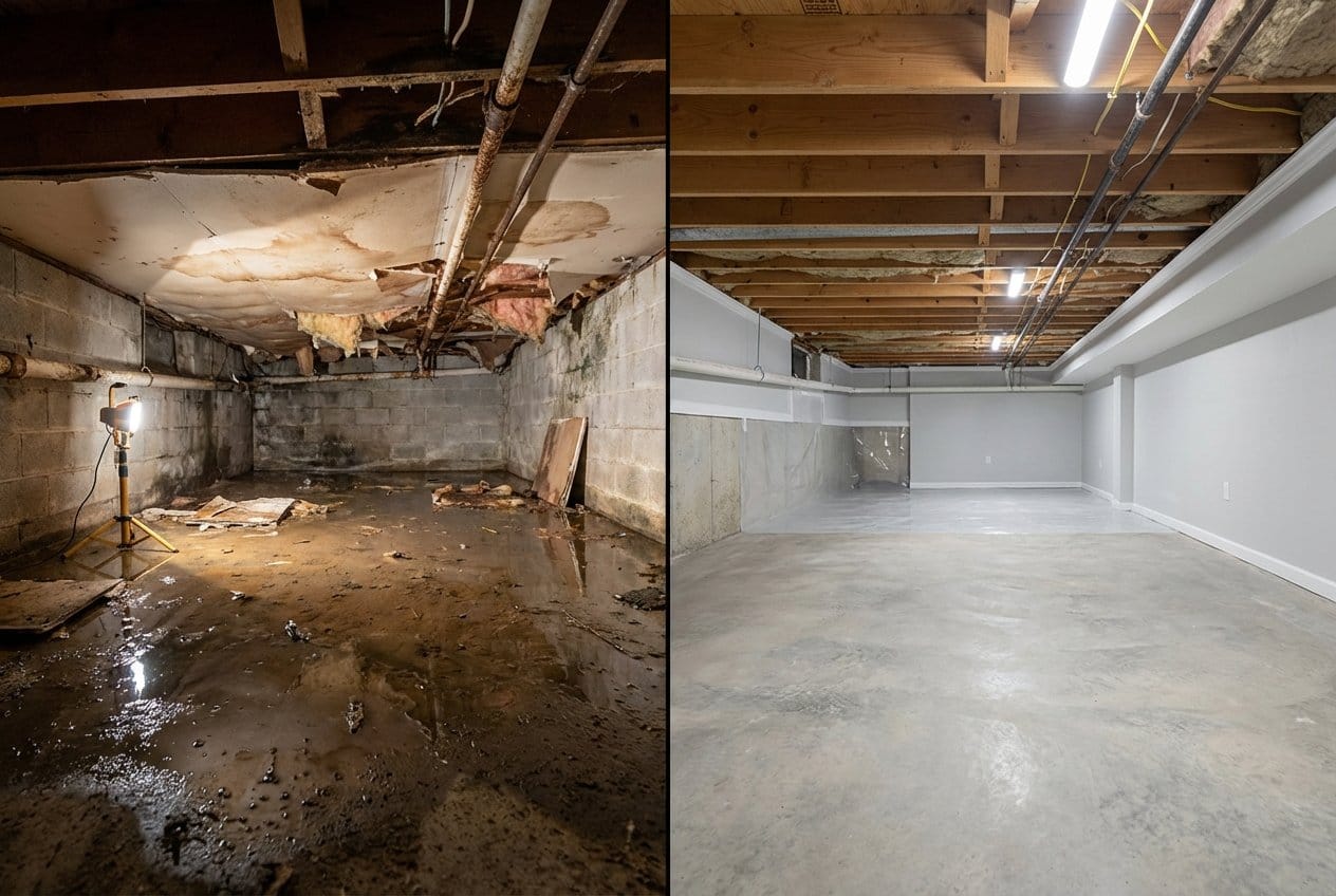 Carpet & Flooring Water Damage Cleanup restoration — crawl space of bungalow in Alpine, NJ