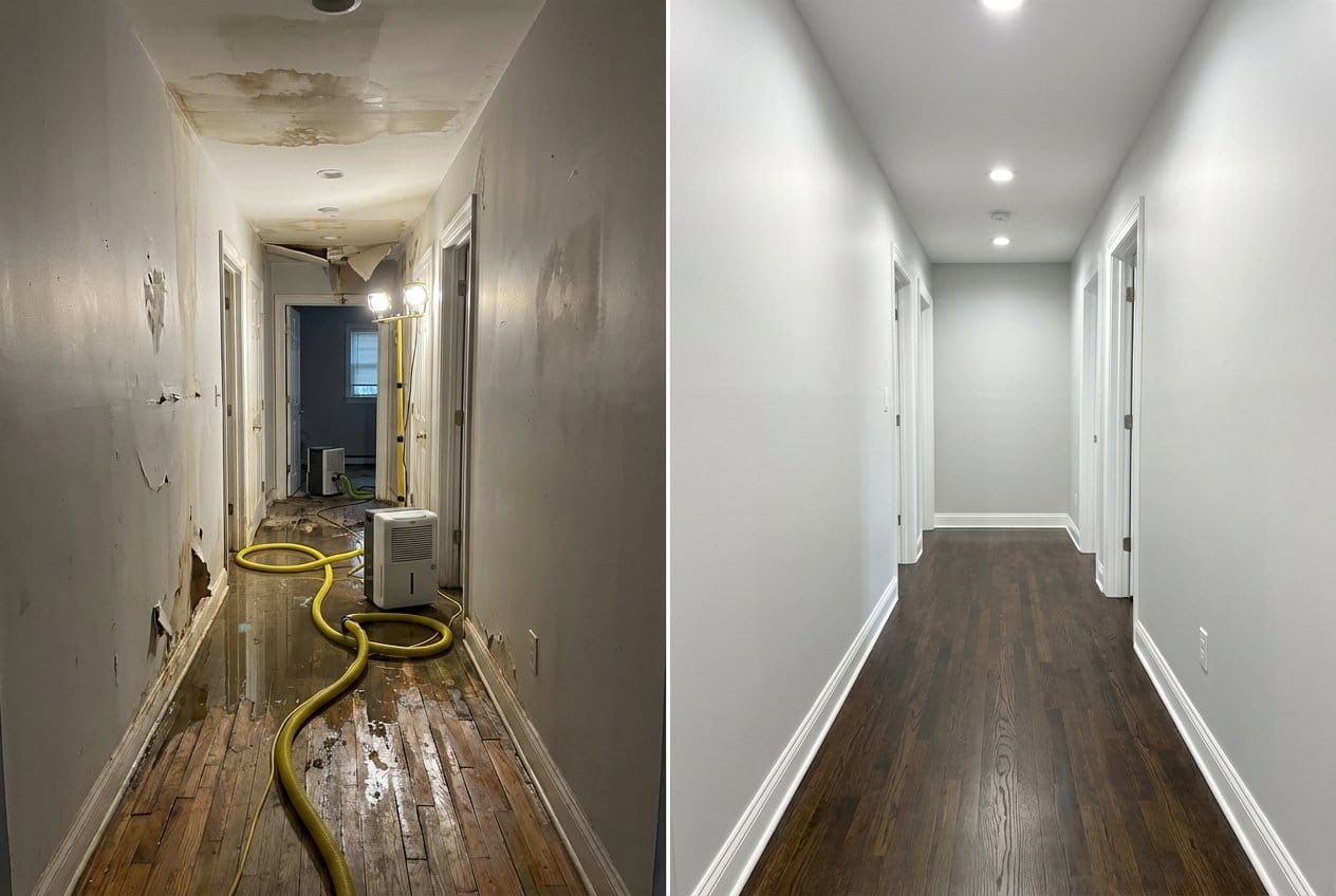 Wall & Ceiling Dry-Out before and after in hallway, Alpine NJ