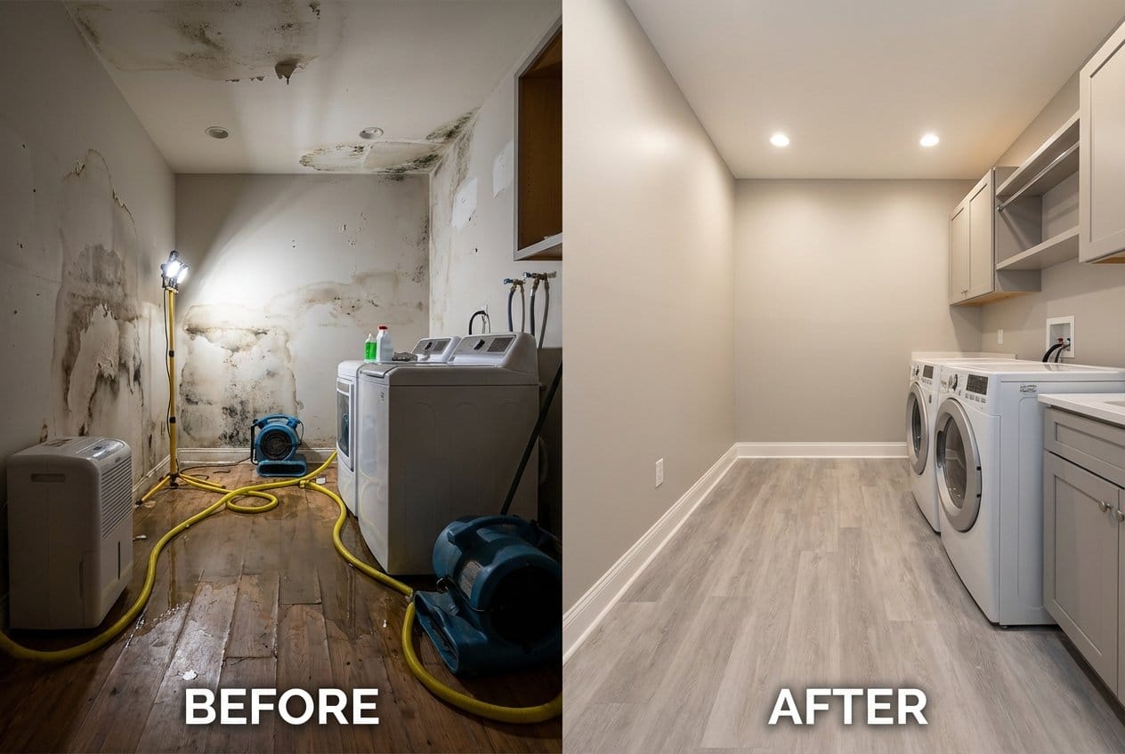 Wall & Ceiling Dry-Out restoration — laundry room of Cape Cod house in Alpine, NJ
