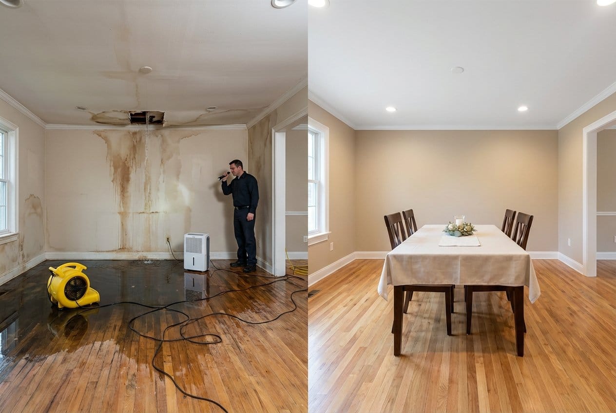 Before and after wall & ceiling dry-out in Alpine ranch-style home dining room