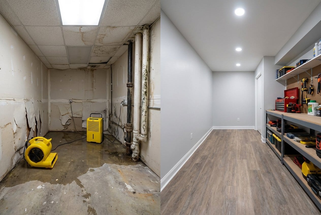 Content Drying & Property Cleanup restoration — utility room of private residence in Alpine, NJ