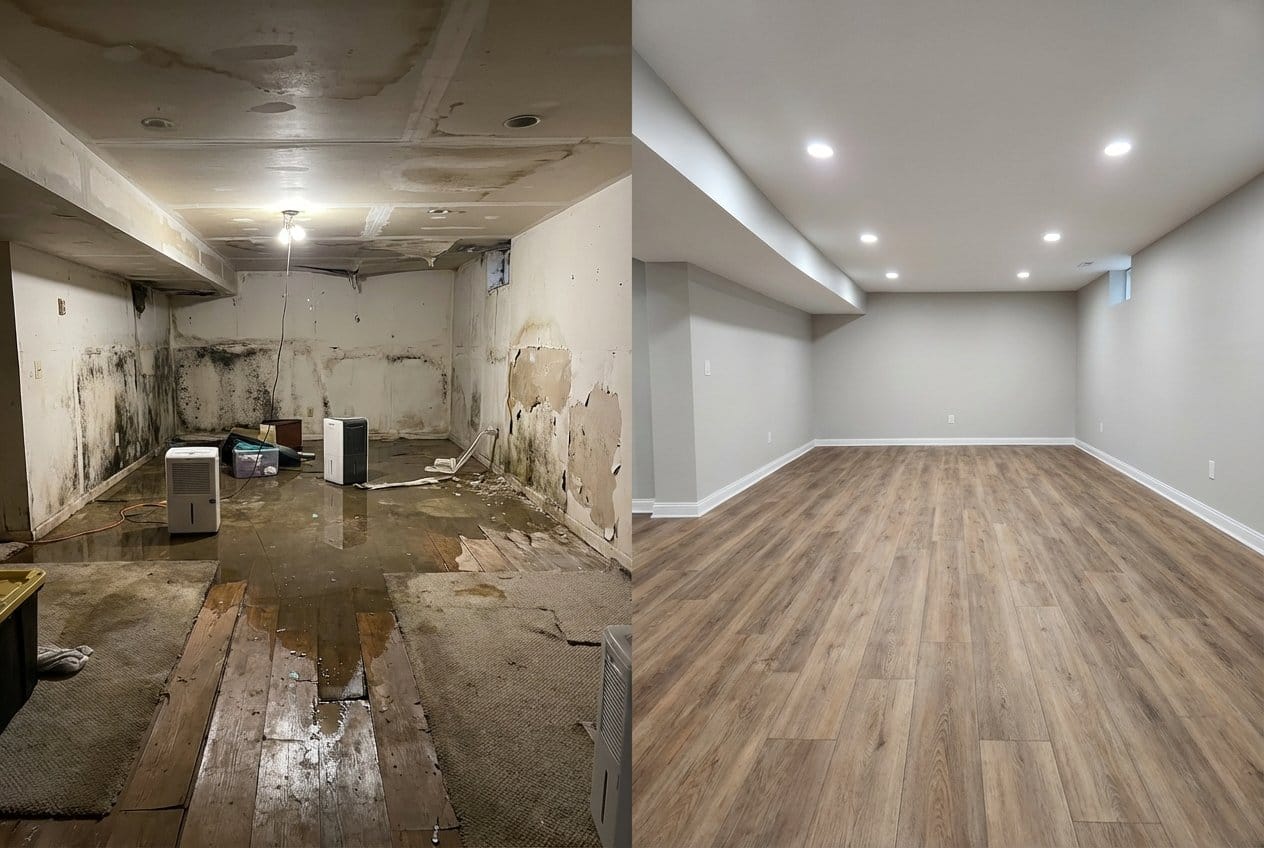 Mold Prevention After Water Damage before and after in residential basement, Alpine NJ
